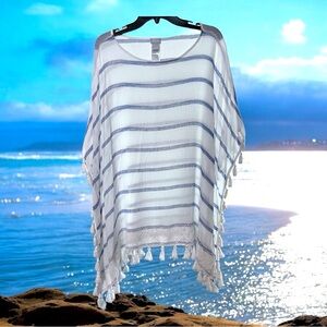 Chico’s Blue & White Ruana Top, Size L/XL, Beautiful Beaded Embroidered Hemline
